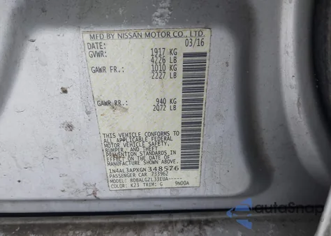 2016 Nissan Altima 2.5/2.5 S/2.5 Sl/2.5 Sr/2.5 Sv z USA, uszkodzony, nr VIN 1N4AL3APXGN348576